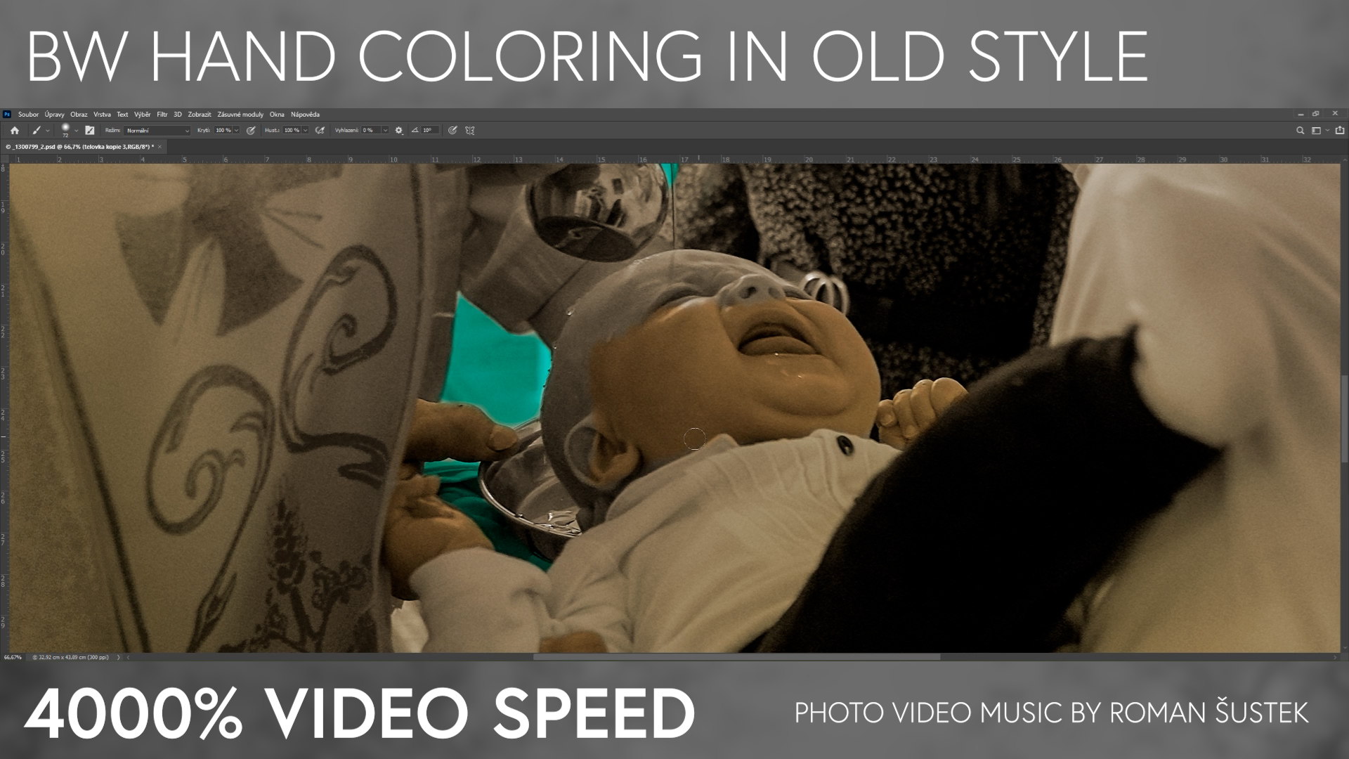 retouch and bw hand colored photo from the baby&apos;s baptism, 4 000% video speed, retouch in one minute