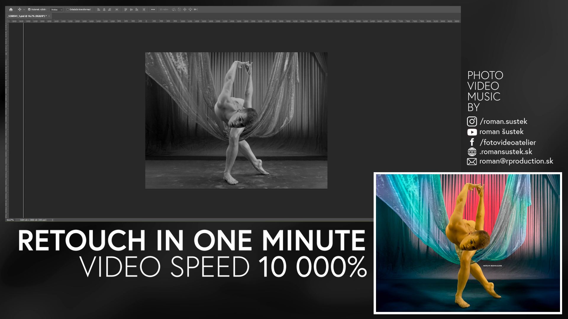 bw hand colored retouch photo with ballet dancer from Slovakia, 10 000% video speed, retouch in one minute