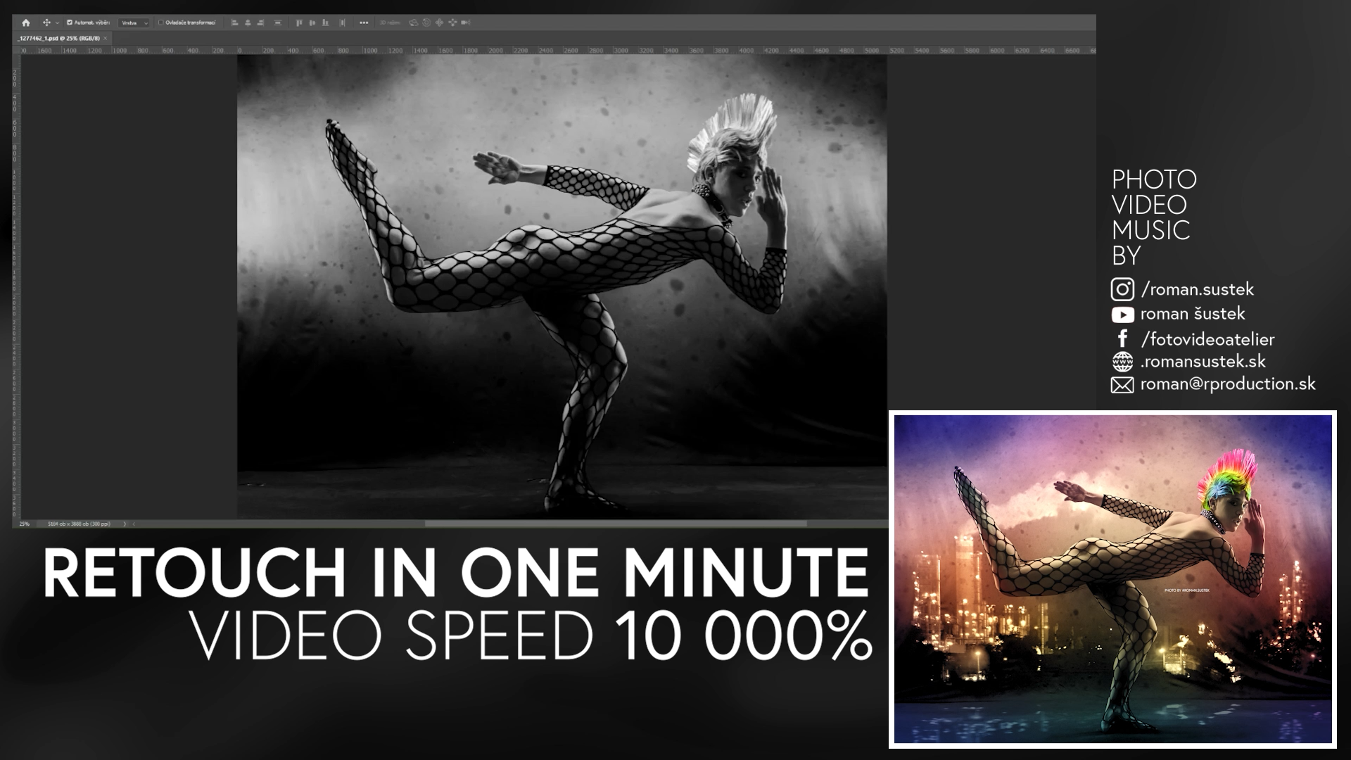 bw hand colored retouch photo with ballet dancer from Slovakia, 10 000% video speed, retouch in one minute