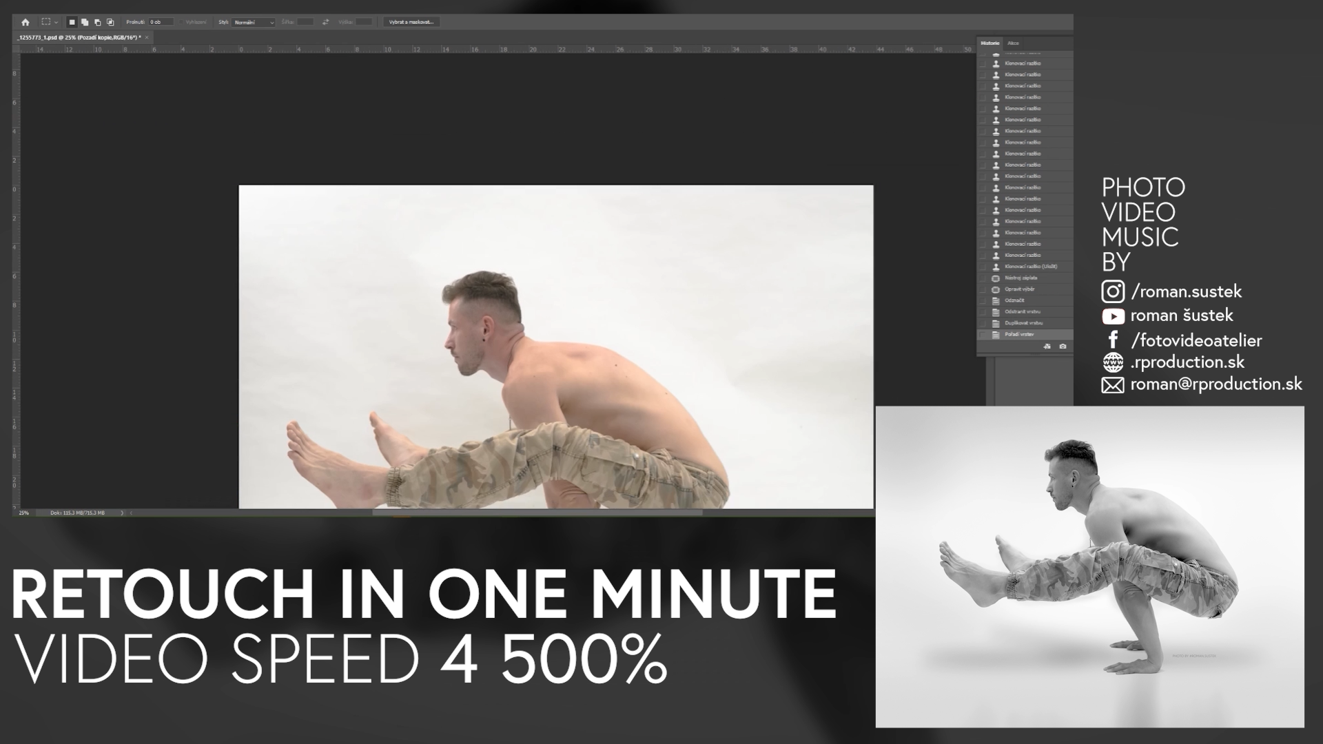 bw retouch photo with yoga instructor, 4 500% video speed, retouch in one minute