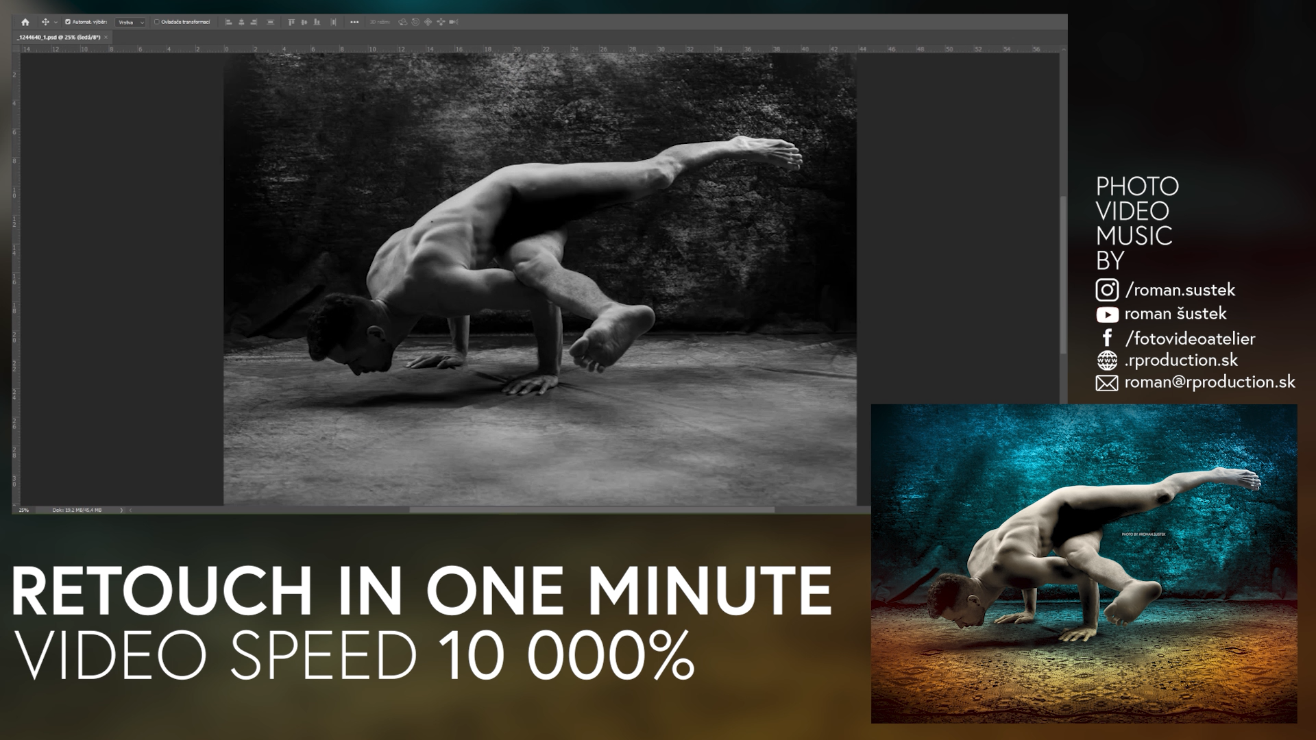 bw hand colored retouch photo with yoga instructor, 10 000% video speed, retouch in one minute